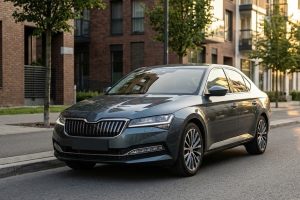 Лифтбек Skoda Superb на городской улице в вечернем свете